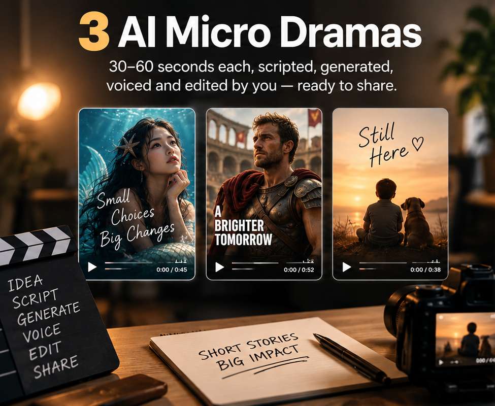 3 AI Micro Dramas — 30–60 seconds each, scripted, generated, voiced and edited by you — ready to share.