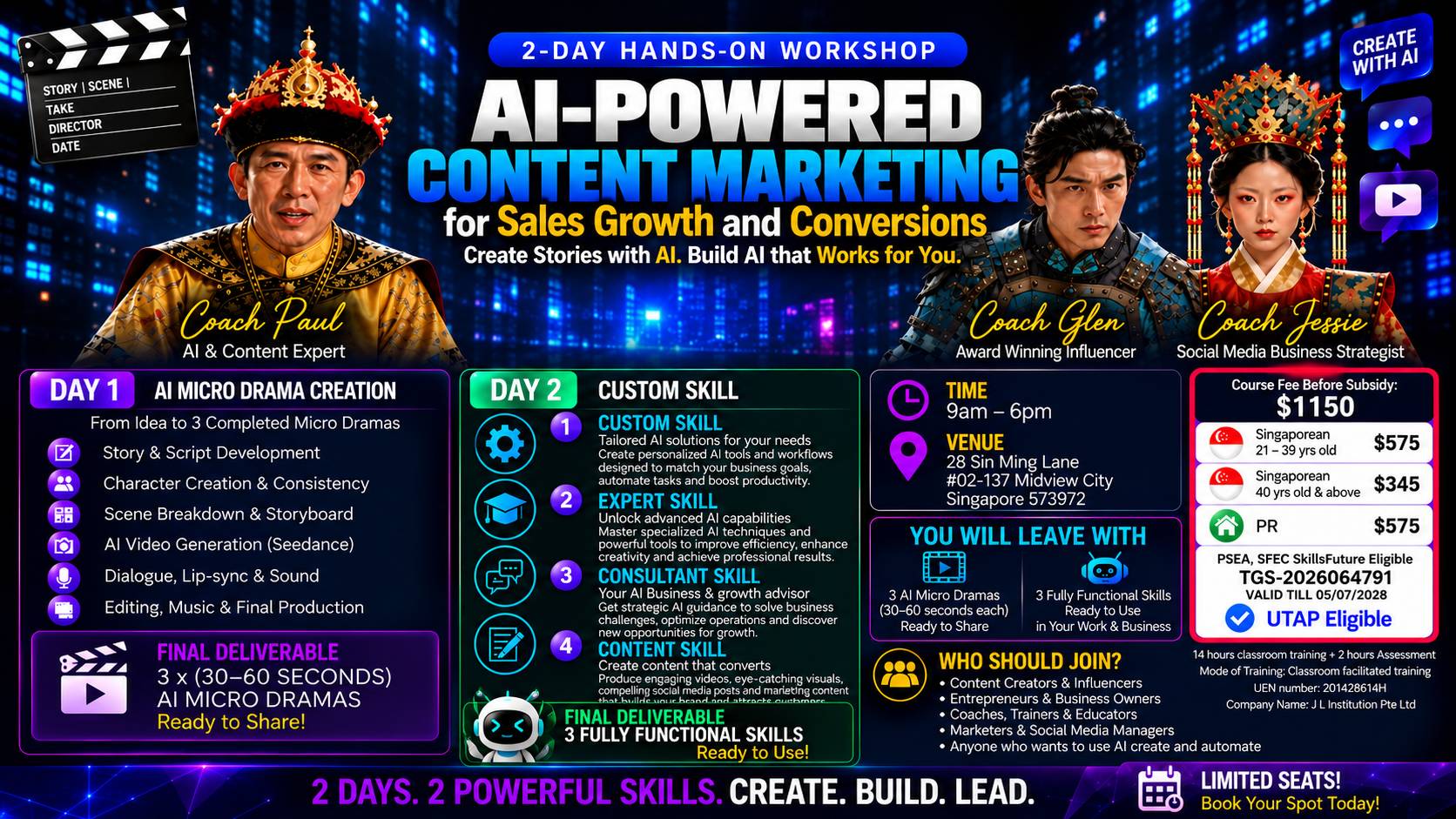 Micro Drama & Custom Skill 2-day workshop flyer — AI-Powered Content Marketing for Sales Growth and Conversions. Day 1 AI micro drama creation, Day 2 custom skills, time, venue, fees and what you leave with