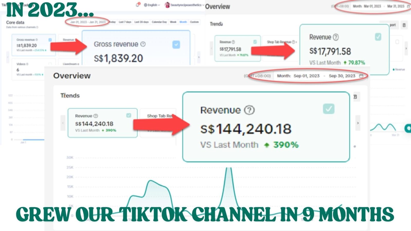 TikTok Shop analytics showing monthly revenue growing from S$1,839 in January 2023 to S$144,240 in September 2023