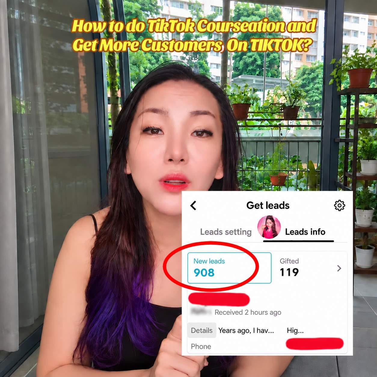 TikTok lead-generation screen showing 908 new leads from a single conversion campaign