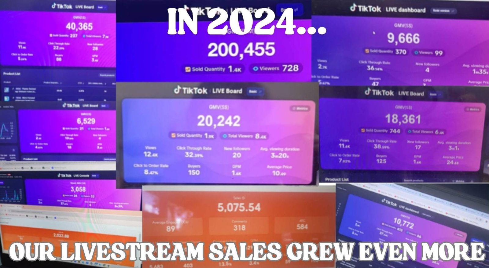 Collage of TikTok LIVE dashboards from 2024 showing livestream GMV of S$200,455, S$40,365, S$20,242 and S$18,361 in single sessions