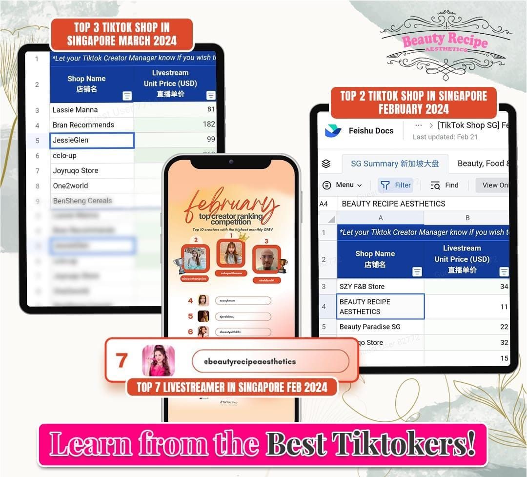 TikTok Shop leaderboards showing Beauty Recipe Aesthetics ranked Top 3 TikTok Shop in Singapore for March 2024, Top 2 for February 2024 and Top 7 livestreamer in Singapore
